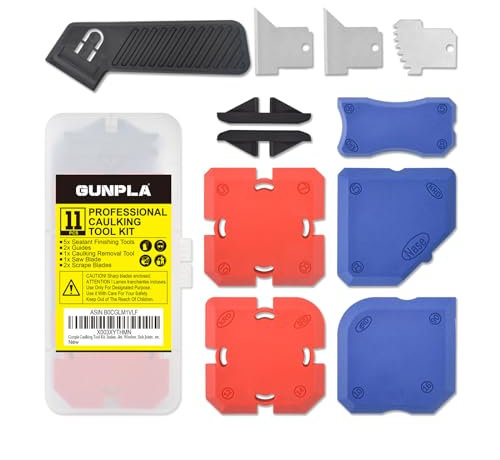 Gunpla Caulking Tool Kit, Sealant Trimming Tool 11 Piece Set with Stainless Steel Caulk Remover Scraper and Silicone Guide for Kitchen, Bathroom, Toilet, Window, Sink Joints, etc.