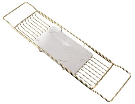 Badewannenablage, Erweiterbares Badewannentablett, Heimdekoration, Edelstahl, Marmor Zum Jubiläum (Goldweiß)