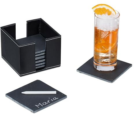 Relaxdays Schiefer Untersetzer 8er Set, Kunstleder-Box, Getränkeuntersetzer, 10x10 cm, Untersetzer für Gläser, anthrazit