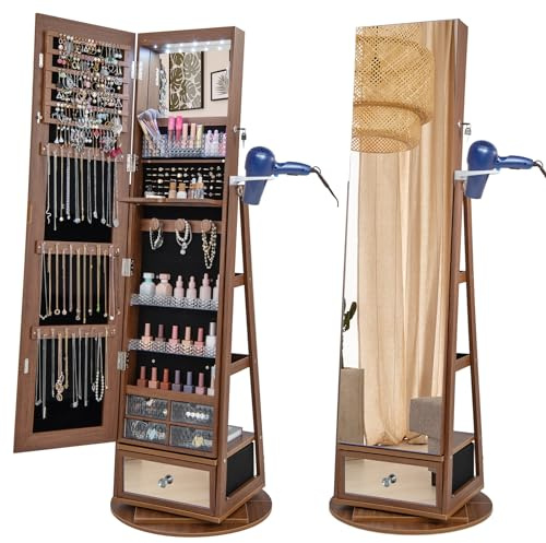 GOPLUS Drehbarer Schmuckschrank mit Ganzkörperspiegel, Schmuckorganizer mit LED-Beleuchtung, Haartrocknerständer, Spiegelschrank Schmuck mit Schublade & Ablagen, für Schlafzimmer (Braun)