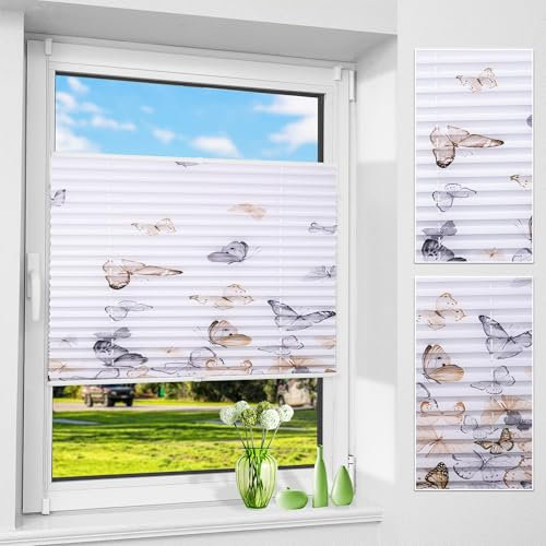 Allesin Plissee ohne Bohren mit Schmetterlingsmotiv, Plissees Klemmfix mit Muster, Weiß 60x120cm(BxH), Plisseerollo Jalousie Rollos für Fenster und Tür, Sichtschutz und Sonnenschutz