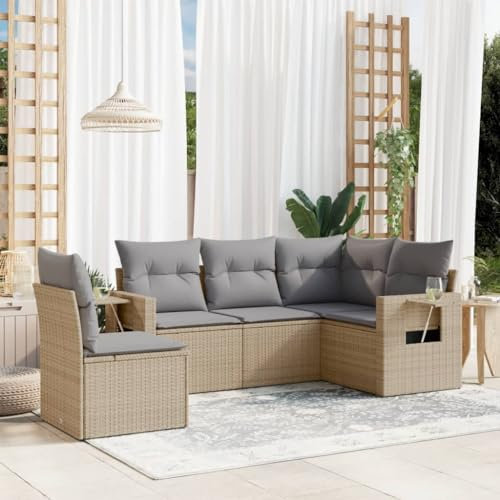 Rantry 5-TLG. Gartensofa Set mit Kissen Gartenlounge Gartenmöbel Loungesofa Balkonmöbel Ecklounge Ecksofa Sitzgruppe Loungemöbel für Balkon Terrasse Garten Beige Poly Rattan
