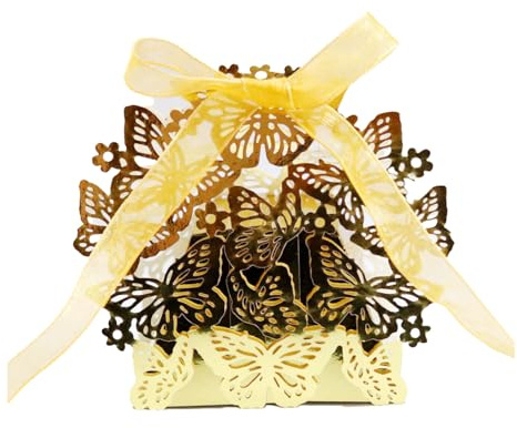 Yurosiay 100 Stück Schmetterling Geschenkbox mit Bänder Hochzeit Gastgeschenk Box Hohle Süßigkeiten Schachtel Laserschnitt Geschenkschachtel Perlenpapier Pralinenschachtel Glänzend Gold