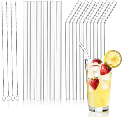 Hisdricus 12 Pezzi Cannucce, Cannucce di Vetro, Cannucce Riutilizzabili - 6 Cannucce in Vetro Curve e 6 Dritte, con 4 Spazzole per la Pulizia, Adatte per Cocktail, Succhi, Granita (10x215mm)