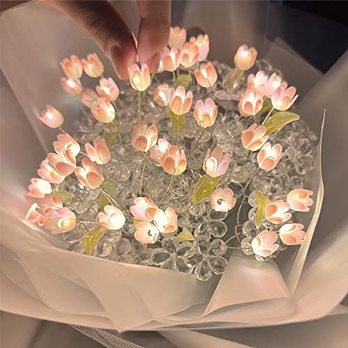 Dekaim Tulpenstrauß mit Lichtstreifen Tulpe leuchtender Blumenstrauß mit Lichtstreifen DIY Handwerk Schöne Tulpen Künstliche Blumen 52 Blumen für Freundin Mama