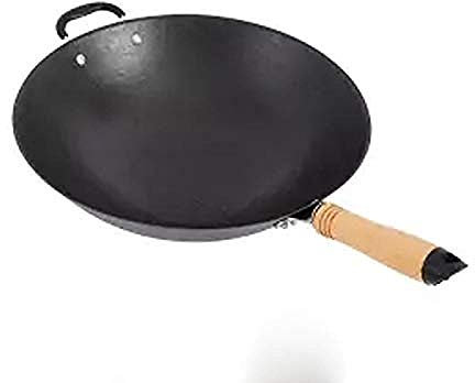 OQHAIR Wok in Ferro, Wok Padella Antiaderente Manico in Legno Fondo Tondo Non Rivestito Pentola da Cucina Pentola Fornello a Gas Universale,34cm (34cm)