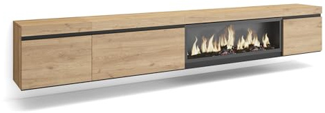 Skraut Home | Mueble TV | Televisión | Muebles de salón, almacenaje | 288x45x35 cm | para TV Gran Formato | Chimenea eléctrica XXL | Colgado, Suspendido | Estilo Moderno | Roble