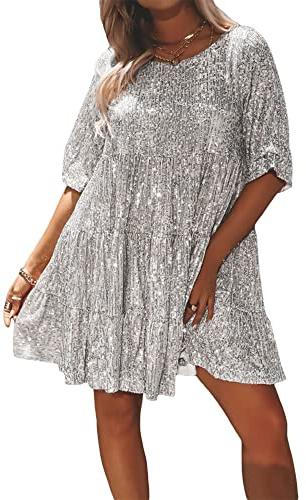 Damen Glitzer-Pailletten-Hemdkleid Rundhalsausschnitt Kurzarm Glitzer Funkelnde Gestufte Swing-Tunika Babydoll-Kleid Party Clubwear, A-Silber, L