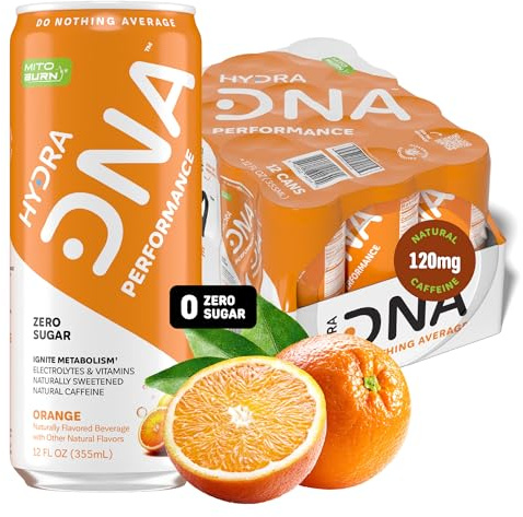 HYDRADNA- Clean Performance Drink, Zero Sugar | For Natural Fuel, Alertness, Boost, Stamina,120 mg Organic Caffeine, Natural Flavors, Zero Sucralose, Clean Ingredients (12 Pack) (12 Pack, Orange)