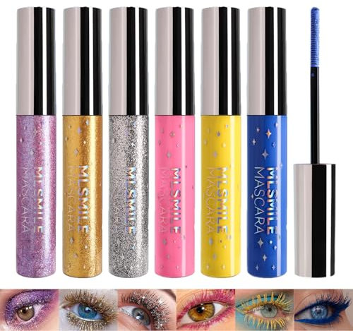 Sitovely 6PCS Mascara Coloré Pailleté pour Cils, Glitter Colored Mascara for Eyelashes, Mascara étanche Diamant étincelant, Mascara allongeant et recourbant/bleu/violet/jaune/argenté/rouge