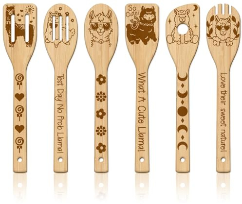 GLOBLELAND 6 Pièces Ensemble D'Ustensiles de Cuisine en Bambou D'Alpaga avec Animaux Llama Cuillères Spatules Gravées en Bois pour Mère l'amie Femmes Cadeau Amusant pour la Pendaison de Crémaillère