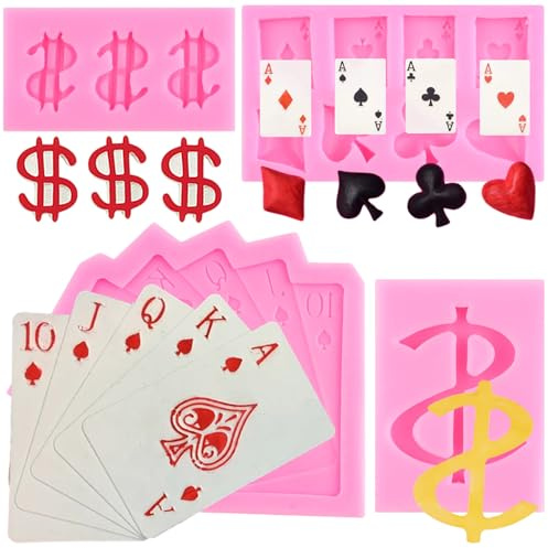 RFGHAC Stampi in silicone per carte da gioco a tema casinò, stampi per cioccolato per dollari americani, per decorare torte, pasta di fiori, caramelle, argilla polimerica, set da 4