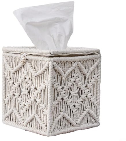 HEIBTENY Tissue Box Woven Cosmetic Tissue Dispenser Square 14 x 14 x 15 cm Macrame Tissue Box Cotton for Home Office Car