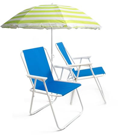 THE SECRET HOME - Pack de Sombrilla y Dos Sillas de Playa Plegables - Ideal para Playa y Piscina - Sombrilla y Sillas de Aluminio y Revestimiento de Tela (Pack 5)