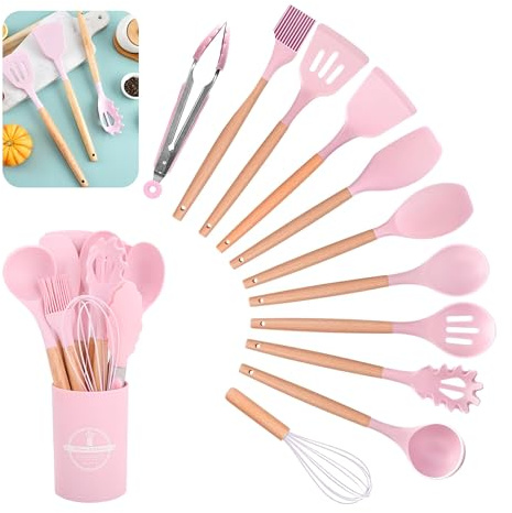 Kitchen Utensil Set, 12 PCS Silicone Cooking Utensils Set with Wooden Handle, Heat Resistant, Nonstick Cookware Tongs Spatula Spoon Set, Silicone Kitchen Utensils Set Suitable for Kitchen(Pink)