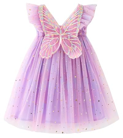 Miipat Bebis flicka tyllklänning fjäril ärmlös ungt barn prinsessa tutu blomma klänning bröllop födelsedagsfest klänning flicka 6 månad-6 år, lila blixt, 5-6 ans