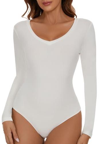 SHAPERIN V Neck Bodysuit Women's Bodysuits Long Sleeve Body Suit Leotards for Women Jumpsuit Top Sexy White Medium