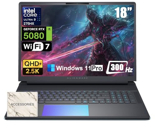 Alienware 18 Area-51 Gaming Laptop - Intel Ultra 9 275HX (24-Core, Up to 5.4GHz), RTX 5080 GDDR7, 16 2.5K QHD+ 300Hz, 64GB DDR5, 4TB SSD, Backlit KB, w/DVD Drive, Win 11 Pro, Office Lifetime