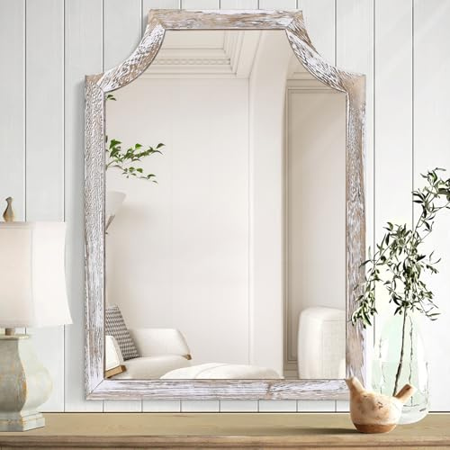 MWAZZLL Wall Mirror with Scalloped Wood Frame Rustic Hanging Mirrors Small Rectangle for Bedroom Living Room Bathroom Entryway White Decorative 40x30cm