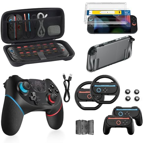 Switch 2 Accessories Bundle for Nintendo, 16-in-1: Pro Controller, Dockable Carrying Case, Screen Protector, Thumb Grip for Joycon, Console Protective Cover Shell, Steering Wheel 2025 Switch2 Game Kit