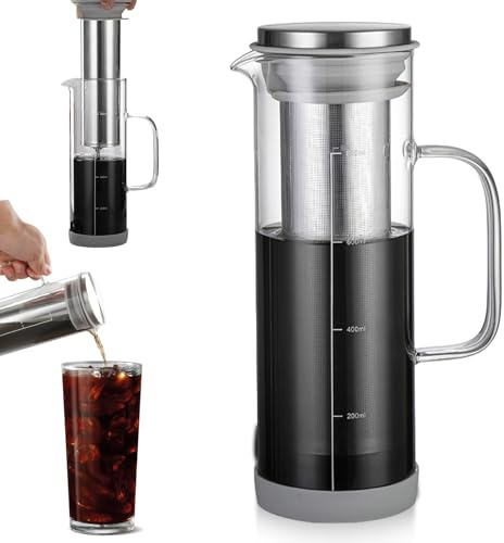 GBKDQQ Cafetera Coldbrew de 800 ml, con filtro de acero inoxidable 304, jarra de cristal con boquilla y mango de cristal, adecuada para café helado, té helado