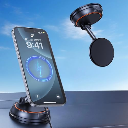 Magnet Handyhalterung Auto für MagSafe Autohalterung mit Ladefunktion,Vakuum Saugnapf Drehbar KFZ Handyhalter für iPhone 16/15 Pro Max,mit Magnetring für Samsung S25/S24/S23 Ultra Phone Holder Car