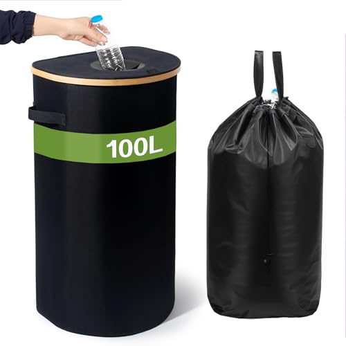 SYLANDO 100L Flaschensammler Leergut & Altglas Sammelbehälter mit Deckel und Loch, Pfandflaschen Aufbewahrung, Inkl. XXL Tragetasche, Für Küche Abstellraum (Schwarz)