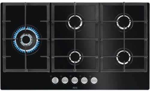 AEG HKB95820NB 86cm Gas Hob Black Glass, 5 Burner Built-In Gas Hob, Wok Burner, StepPower Controls, Cast Iron Pan Supports, Flame Safety, Easy Clean Surface