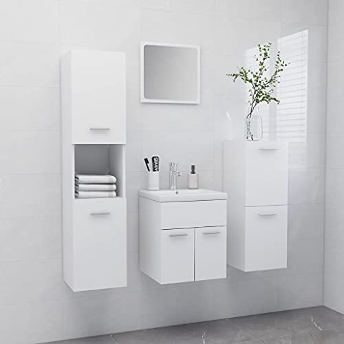 QUAHEAS Badmöbel-Set Weiß Holzwerkstoff, Modernes Badezimmer Möbelset mit Spiegel, Waschbeckenunterschrank, Midi- & Hochschrank, Stilvolle Stauraumlösung