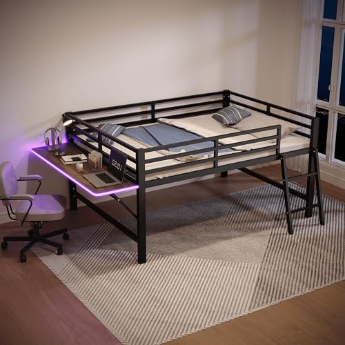 Generisch Flachbett 140 x 200 cm Metallbett mit LED-Beleuchtung, Geländer, Leiter & klappbarem Schreibtisch – Schwarzes Design für Sicherheit & Stauraum
