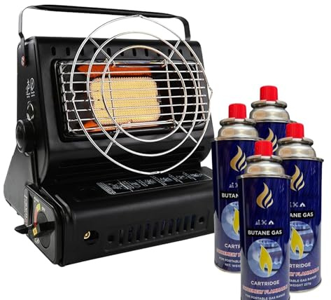 Portable Gas Heater For Outdoor Camping, Hiking, Fishing, Caravan & Skiing Trips - Emergency, Safety Grill, Auto Ignition, Carry Handle & Temp Control With Cartridges (Classic Heater +4can)