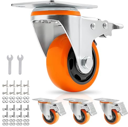 BAOLIHUI 75 mm Schwerlastrollen Set, PU Lenkrollen mit Doppelverriegelungs-Bremse, leise & bodenschonend, 360° Möbelrollen für Werkbank, Wagen und Regal, bis 400 kg