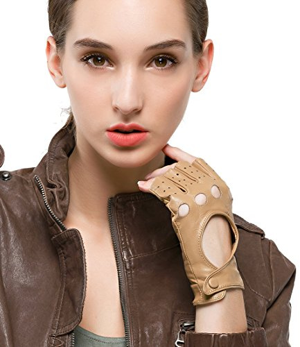 Nappaglo Damen klassisch Halbfinger Lederhandschuhe für fahren Fingerlose Lammfell Fitness Outdoor ungefüttert Handschuhe