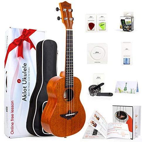 Ukulele Aklot Konzert Ukulele Erwachsene Solides Top Mahagoni Ukelele 23 Zoll mit Kostenlosen Online Kurs 8er Pack Anfänger Starter-Set (Gigbag Plektren Stimmgerät Gürtel Reinigun)