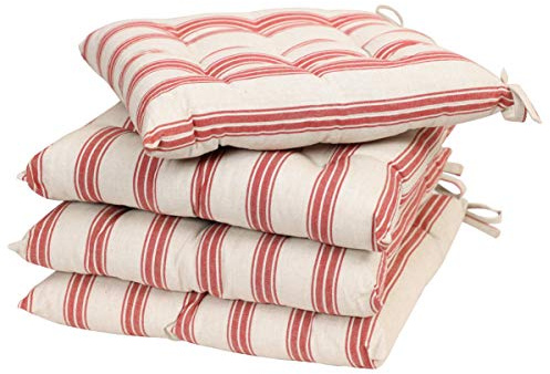 Dibor Set of 4 Seat Pads Beige & Red Stripe Tie-On Dining Chair Cushions