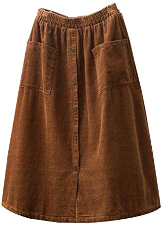 Minibee Jupe midi en velours côtelé avec boutons fendus sur le devant pour femme, marron, Taille M
