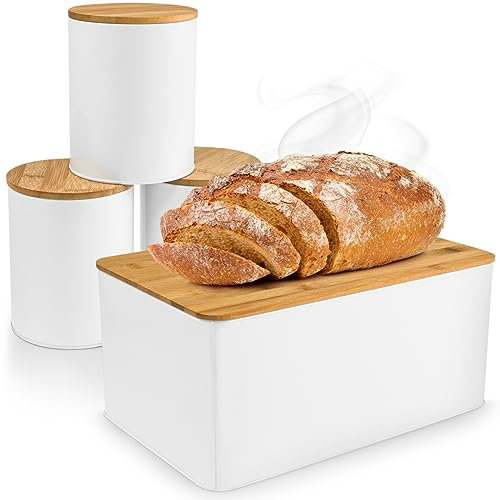 Brotkasten Brotaufbewahrung mit Bambusdeckel & Schneidebrett, inkl. 3-er Set Vorratsdose Aufbewahrungsdosen Frischhaltedosen zur Lebensmittelaufbewahrung Weiß