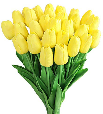 Kisflower 30Pcs Artificial Latex Tulip Flowers Fake Tulips Bouquet Real Touch Flowers for Decor (Yellow)