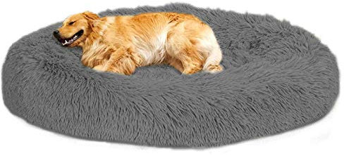 Loir Fluffy hundebett für große und extra große Hunde, 90 cm, Grau, Donut Weiches Plüsch Rundes hundekissen, Waschbar, Tiefschlaf