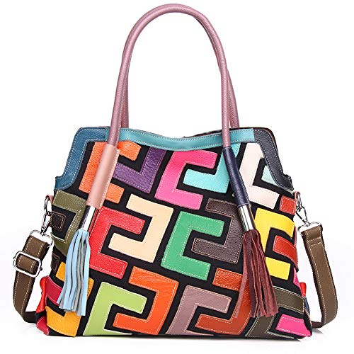 Segater Große Damen-Handtasche, Boston Bag, echtes Leder, zufällige Farbmuster, bunt, Patchwork, große Tote-Bag, Hobo-Umhängetasche, Crossbody-Tasche