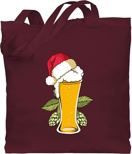 Baumwolltasche - Weihnachten Geschenke Christmas Bekleidung - Bierglas mit Weihnachtsmütze - Unisize - Bordeauxrot - jutebeutel gross weihnachtlich weihnachtsmotiv weihnachtsmützen einkaufstasche
