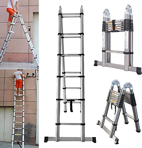 Teleskop-Leiter, 5 m, ausziehbare Leiter, zusammenklappbar, A-Rahmen-Leiter, Dachbodenleiter für Mehrzweckzwecke, 150 kg Tragkraft, 16 Stufen