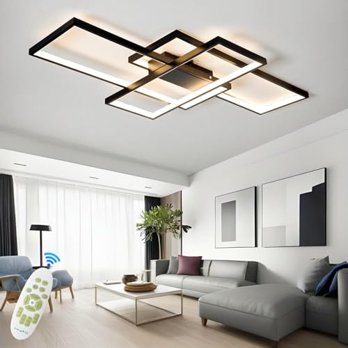 TJSC LED Deckenleuchte Modern Deckenlampe Wohnzimmer, Schwarz Dimmbar Wohnzimmerlampe, Rechteckige Deckenleuchte Mit Fernbedienung, Schlafzimmerlampe Groß Deckenbeleuchtung für Wohnzimmer, 110cm