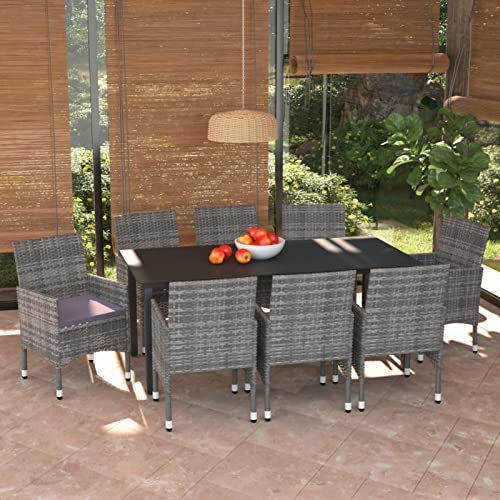 Gecheer 9-TLG. Garten Essgruppe mit Kissen Möbelsets Gartenmöbel Polyrattan Garten Sitzgruppe Gartengarnitur Garten Essgruppe Outdoor Terasse Poly Rattan Grau