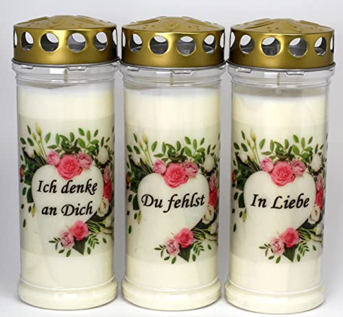3er Set Grabkerzen mit Spruch - (21x7,5 cm) – Grablicht mit 7 Tage Brenndauer – (3833) – Wetterfestes Trauerlicht mit Deckel - Hochwertige Trauerkerze - Edle Gedenkkerze aus Deutschland