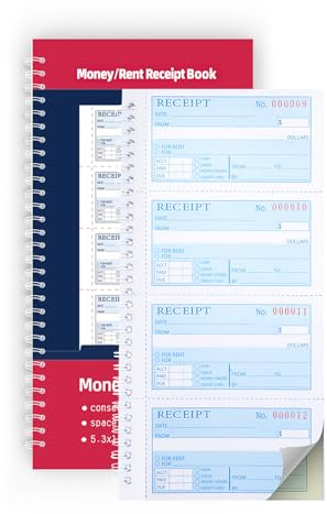 Receipt Book with Carbon Copies,Money and Rent Receipt Book,2-Part Carbonless,5.31 x 11.22,Spiral Bound,200 Sets per Book,4 Receipts per Page.