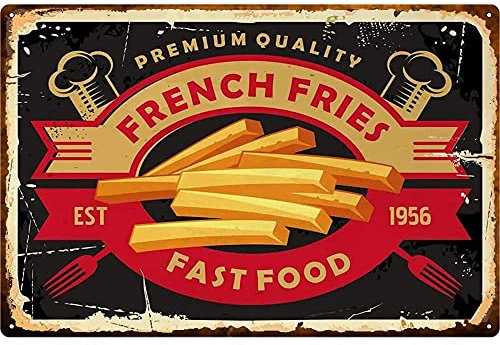 Metal Tin Sign Funny Keepsake Nostalgic Wall Poster For Shed Bar Pub Restaurant French Fries,Fast Food Fork Ribbon Rust Oval Striped 30x40cm