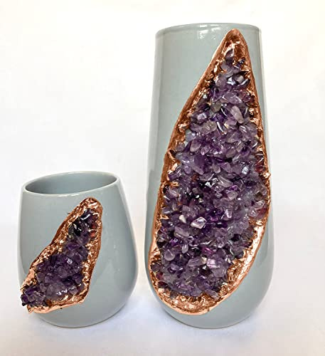 Grey and Gold Ceramic Vase/Planter/Pot/Wine Goblet/Mug with Purple Amethyst Semi - Precious Agate Crystal Gemstones |Large(Height 8 inch), (Rose Gold - Finish)
