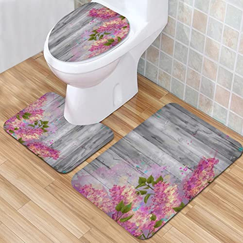IUBBKI Badezimmermatte, rutschfeste Matte, Vintage-Stil, Frühling, abstrakte Aquarell-Blumenblätter auf grauem Holz, Badematten-Set, 3-teilig, saugfähig, rutschfest, Badematte, WC-Vorleger, Badteppich