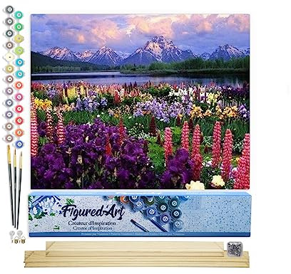 Figured'Art Malen Nach Zahlen Erwachsene Mit Rahmen Blumen und See am Fuße des Berges - Paint by Numbers Basteln DIY Bastelset 40x50cm Mit Keilrahmen (nicht gespannt)